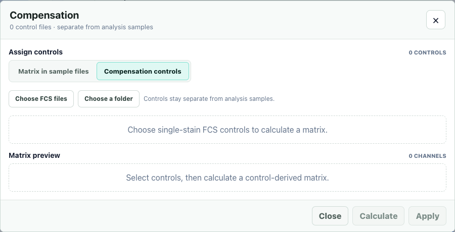 Actual FlowApp Compensation controls tab with separate FCS file and folder import, before any controls are selected.